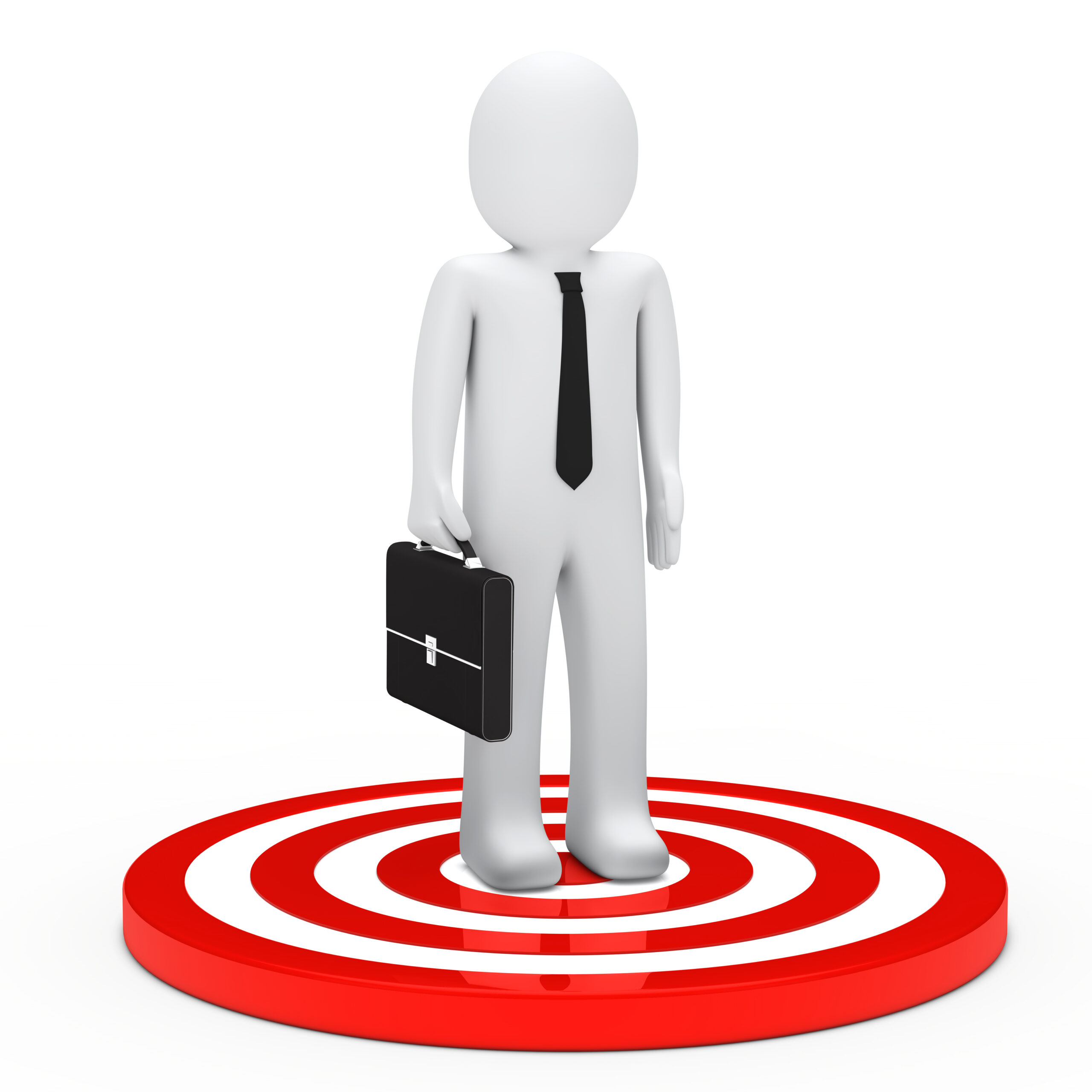 little businessman with briefcase stand on target